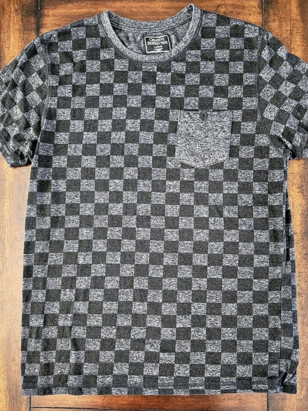 Creative Destruction Checkered Pocket Tee in Black & Gray Size Large